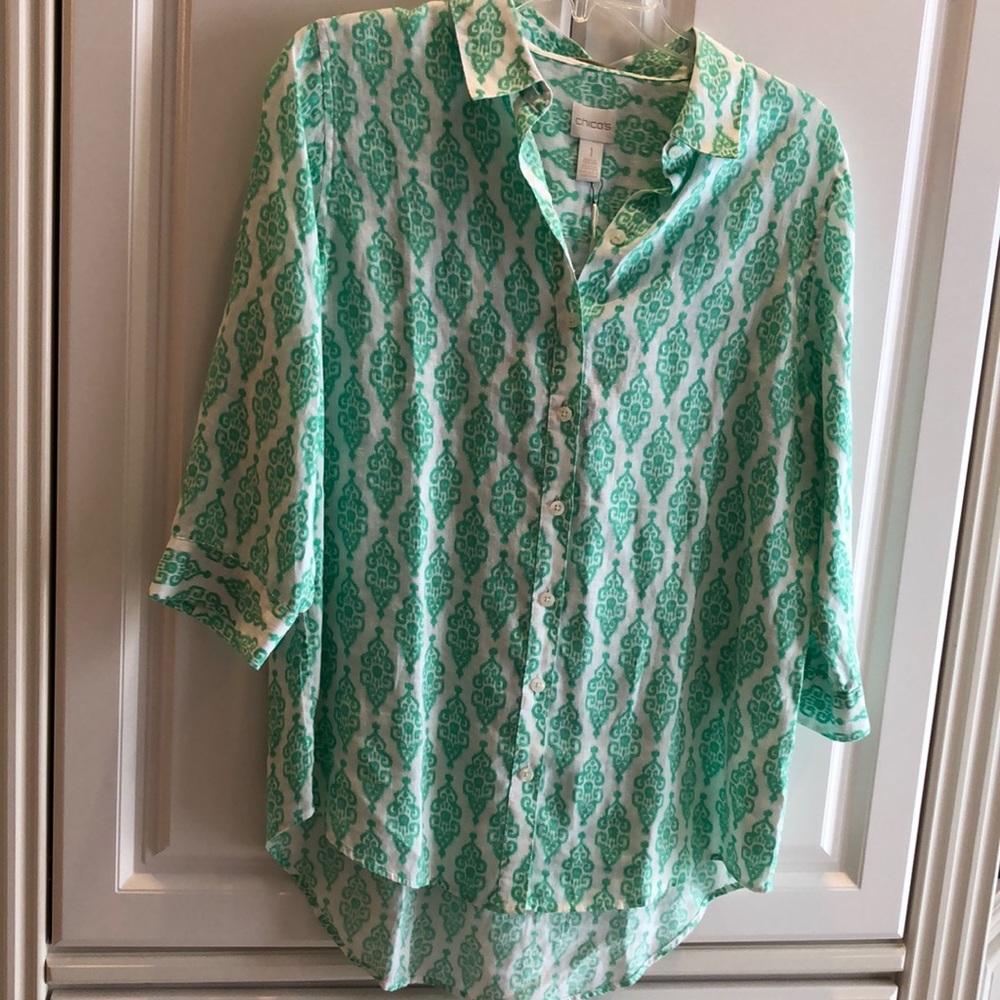 💚Chico’s Batik Linen button down collar 3/4 sleeve soft graceful tunic shirt